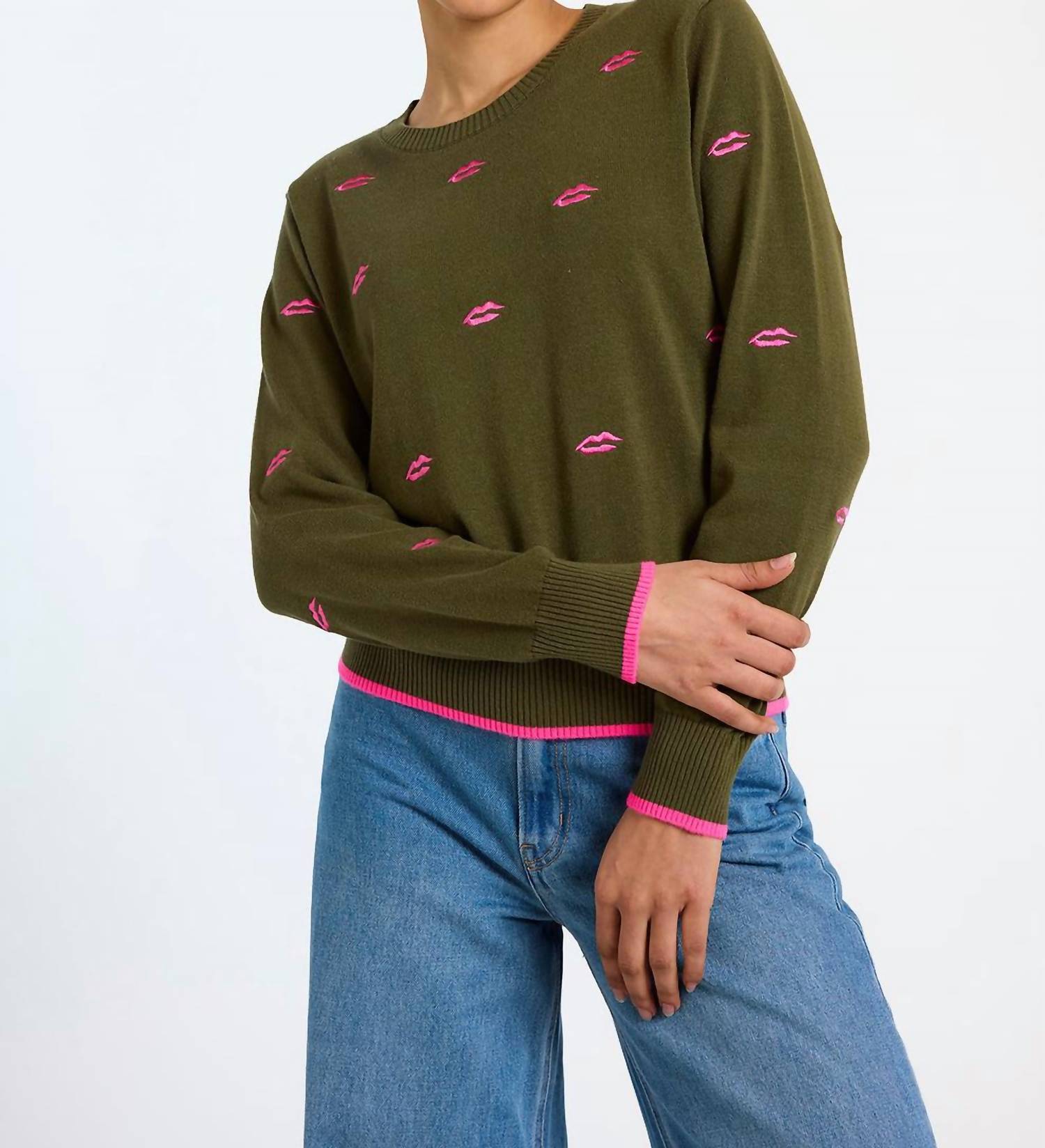 Brodie Cashmere Leila Embroidered Lips Crew Top in khaki pink - women's sweater - alternate view