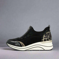 Remonte Women's Wedge Sneaker in black bronze leopard - women's sneaker