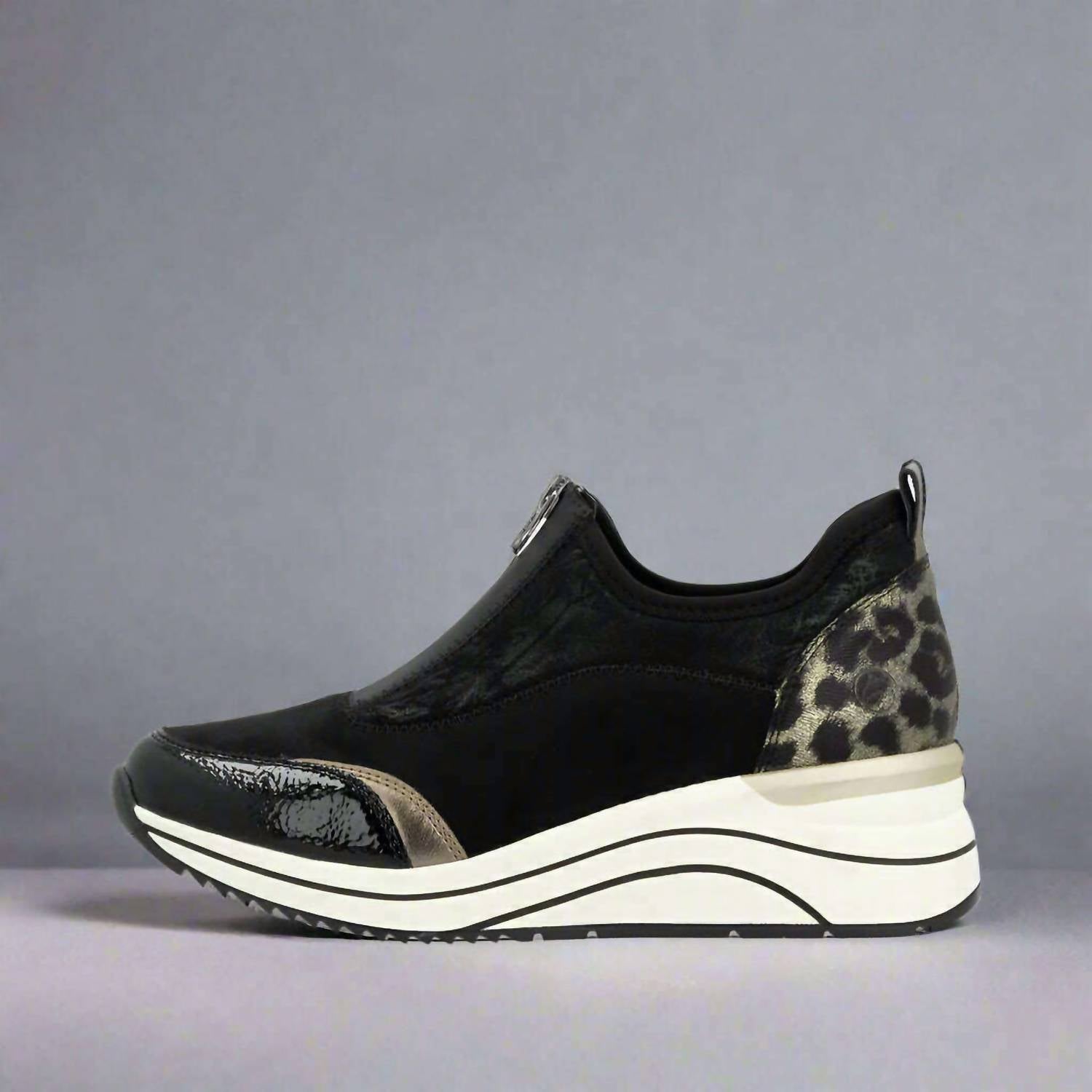 Remonte Women's Wedge Sneaker in black bronze leopard - women's sneaker
