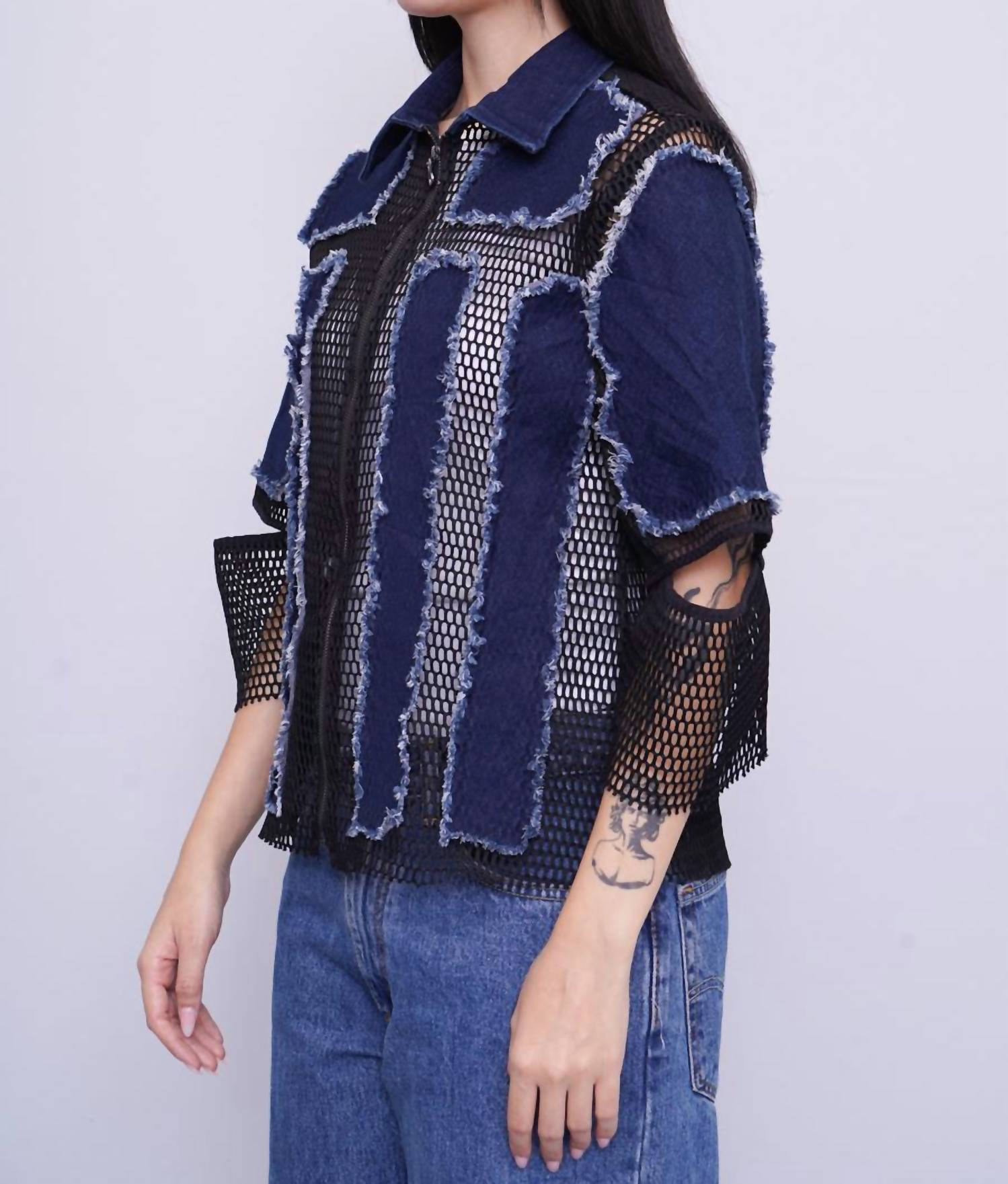 Samuel Dong Women's Textured Jacket in blue denim - women's jacket - detail view