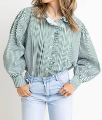 Karlie Striped Ruffle Trim Top in green - women's long sleeve top