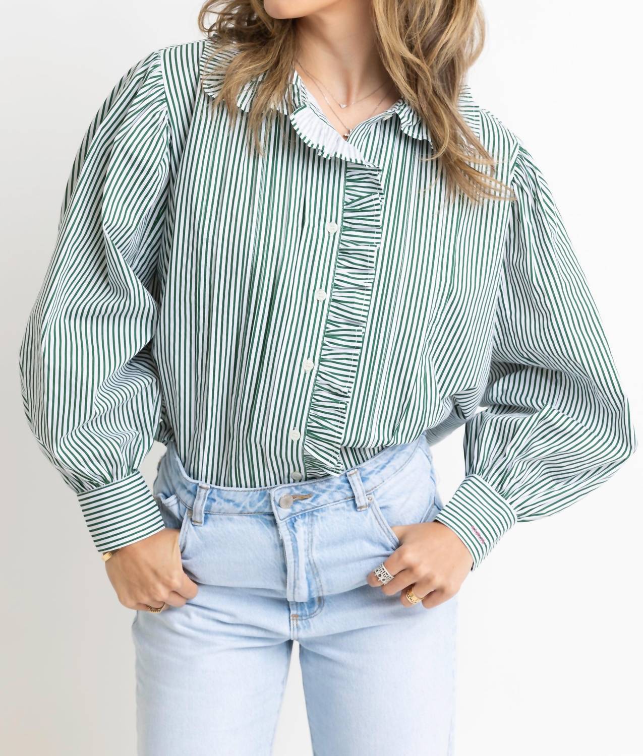 Karlie Striped Ruffle Trim Top in green - women's long sleeve top