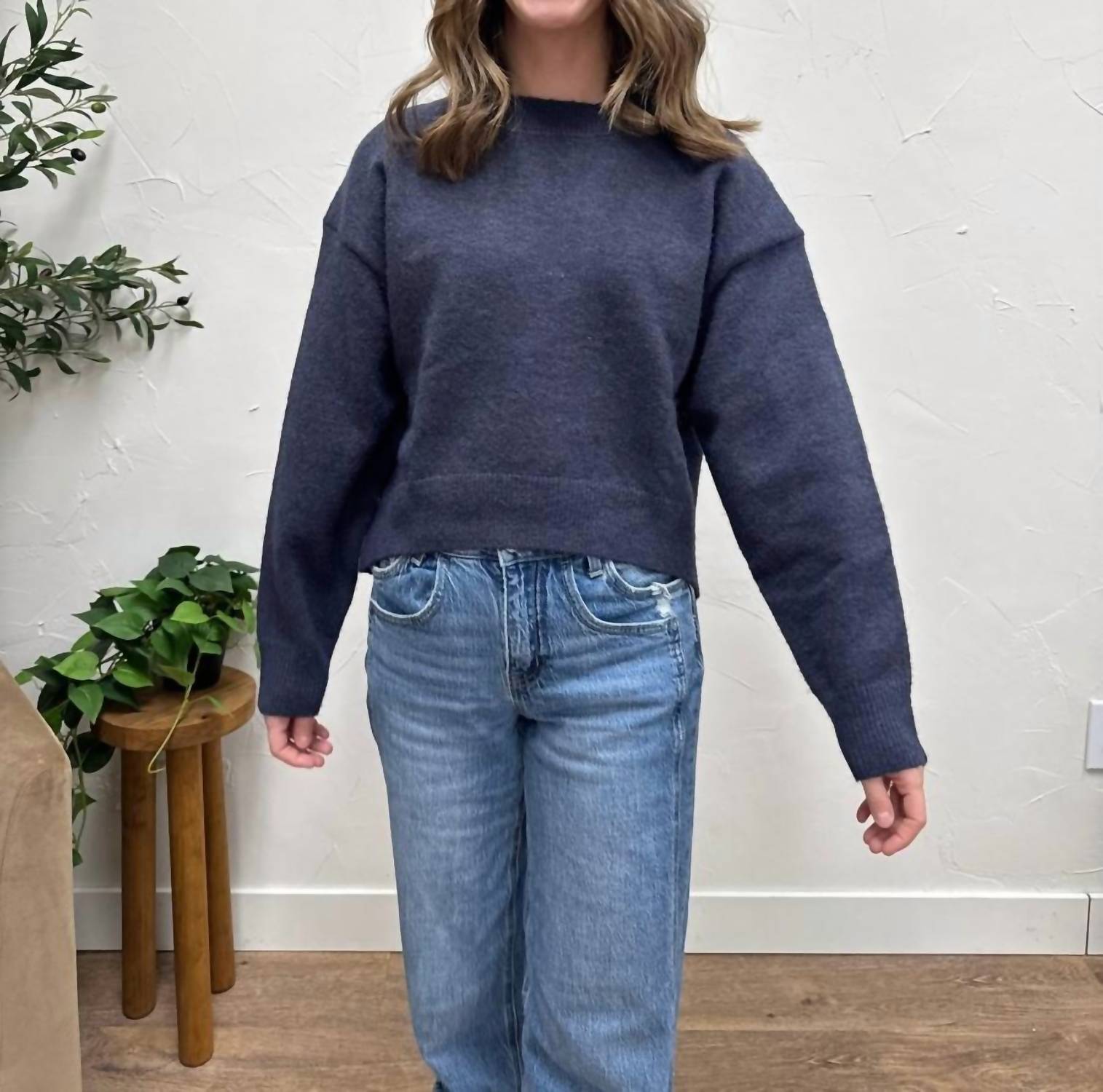 GRADE & GATHER Seam Detail Round Neck Sweater in navy - women's sweater - alternate view