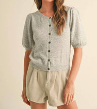 MIOU MUSE Puff Short Sleeved Knit Cardigan in grey - women's cardigan - detail view