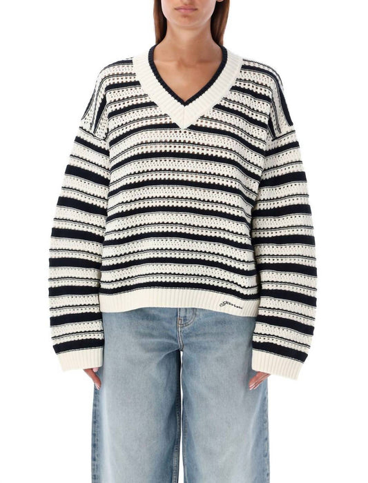 Ganni - Striped Cotton V-Neck Pullover