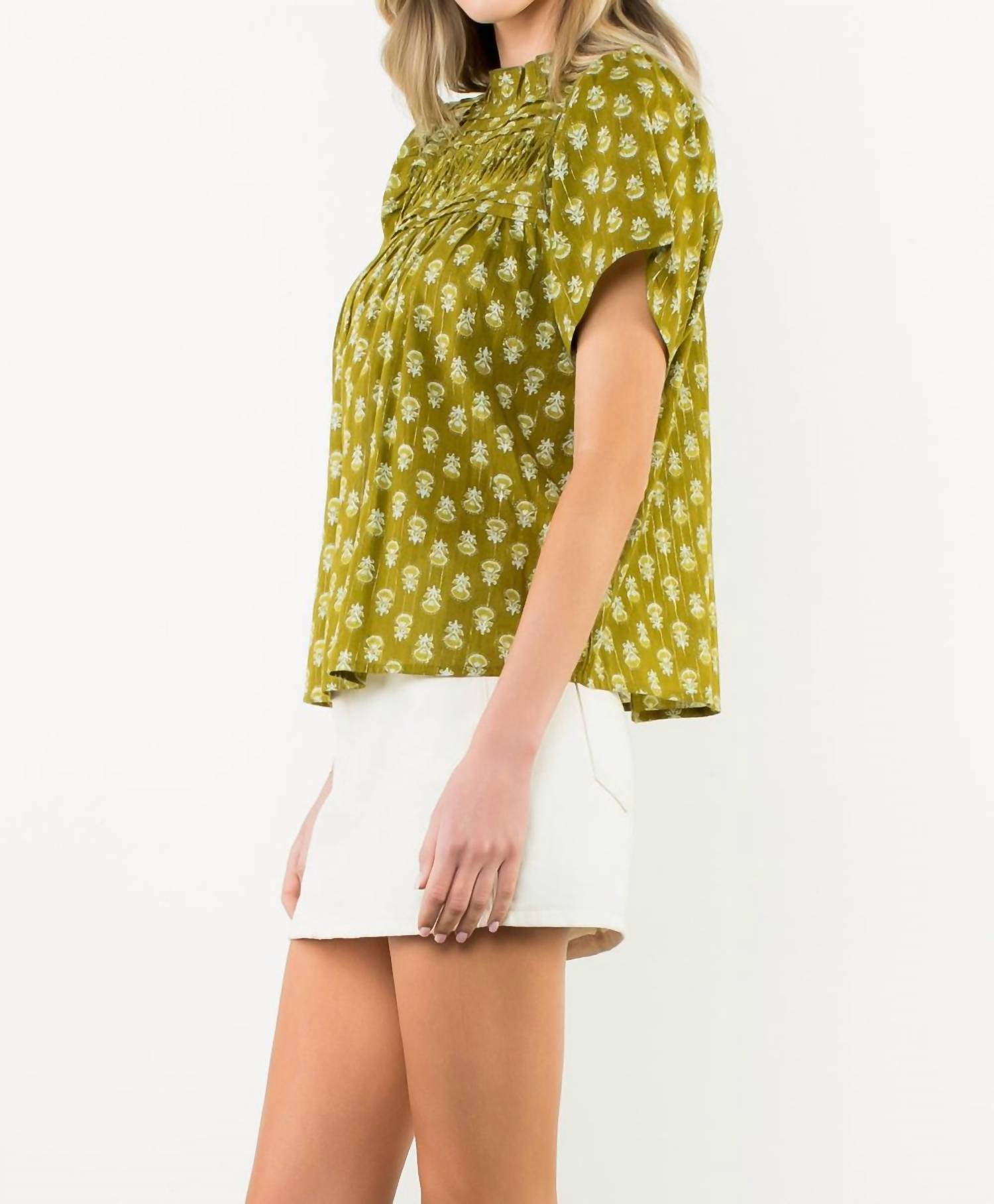 THML Puff Sleeve Print Top in green - women's blouse - view 4