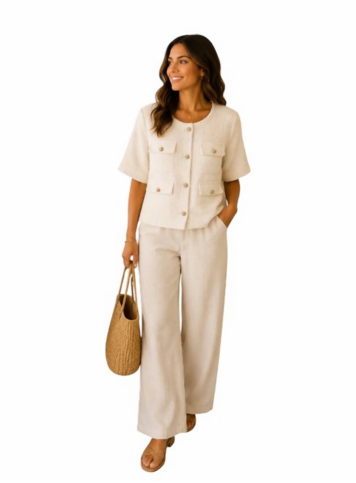 She + Sky - Half Sleeve Collar-less Woven Tweed Jacket