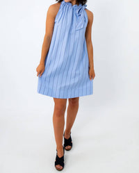 Glam - Poplin Pinstripe Tie Neck Dress