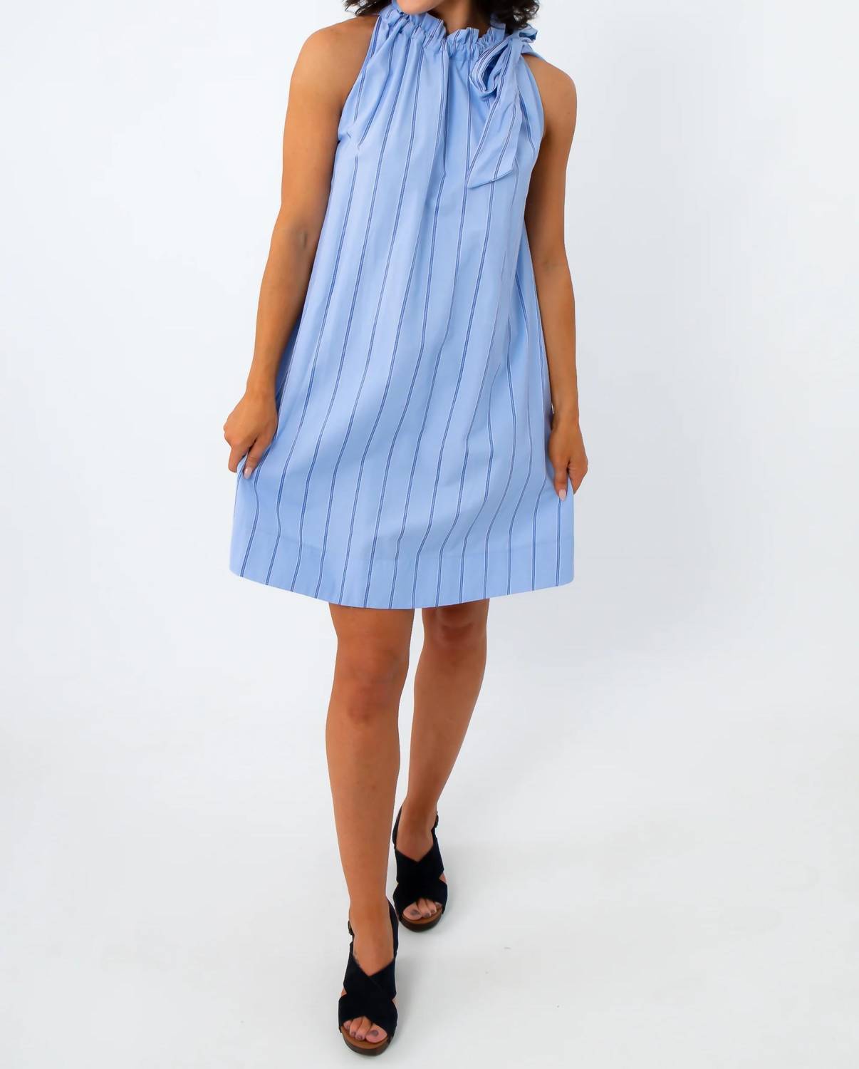 Glam - Poplin Pinstripe Tie Neck Dress