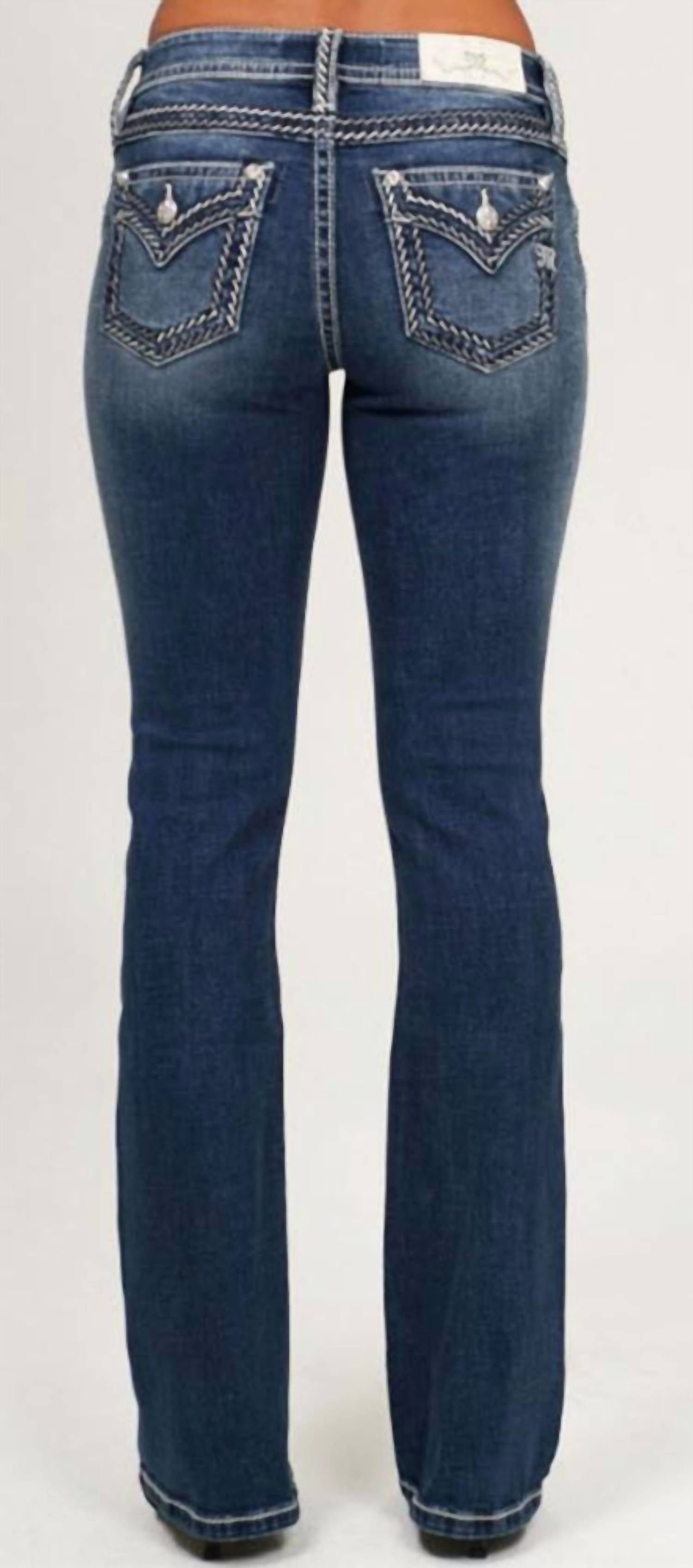 Miss Me Women's Mid Rise Boot Cut Jeans in medium blue - women's pants - detail view