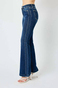 Judy Blue High Waisted Angled Side Seam Detail Flare Jeans in dark blue - women's jeans - view 4