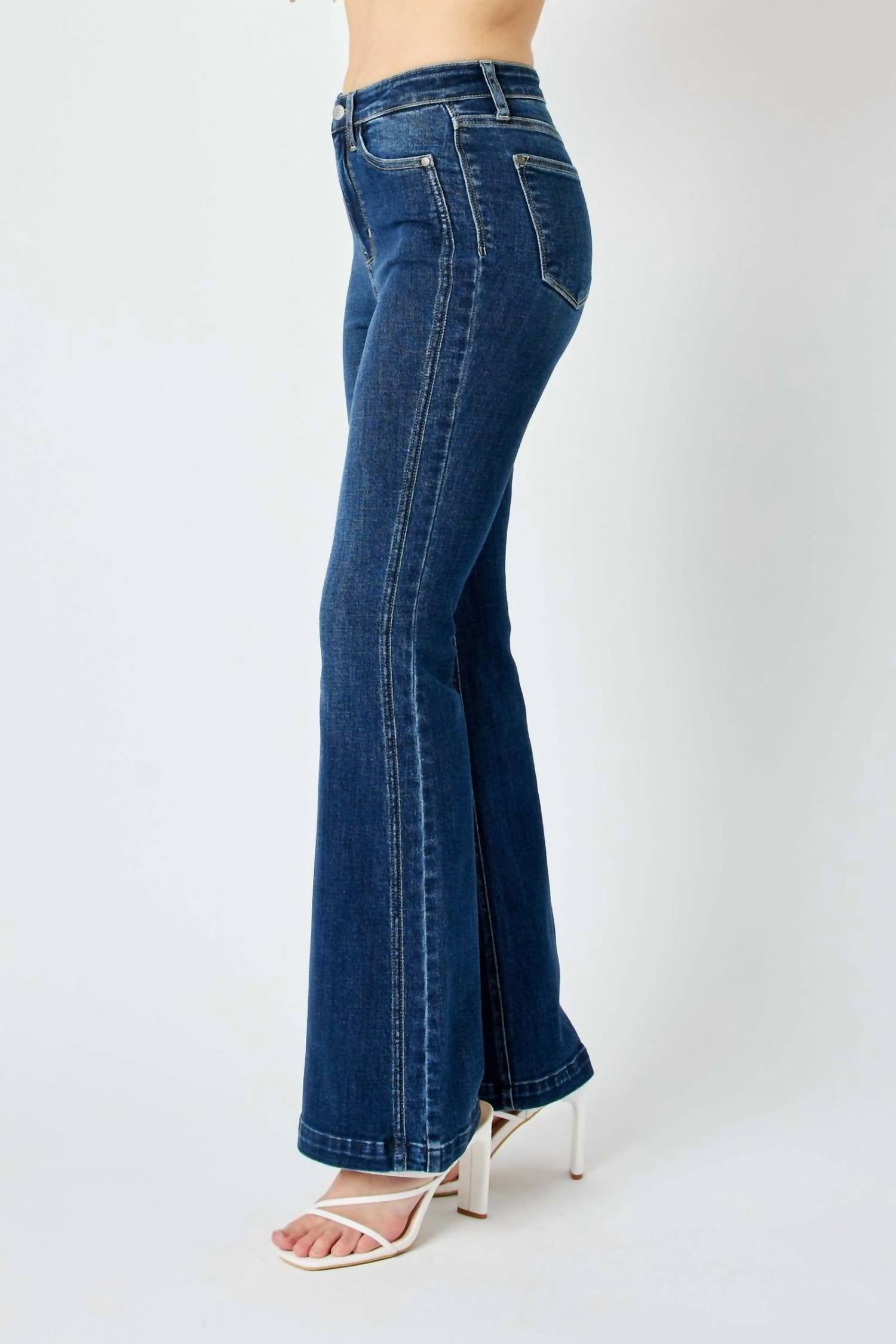 Judy Blue High Waisted Angled Side Seam Detail Flare Jeans in dark blue - women's jeans - view 4