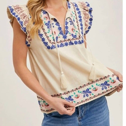 Bluivy - Boho Embroidered Ruffled Sleeve Tasseled Drawstring Top Linen Blend
