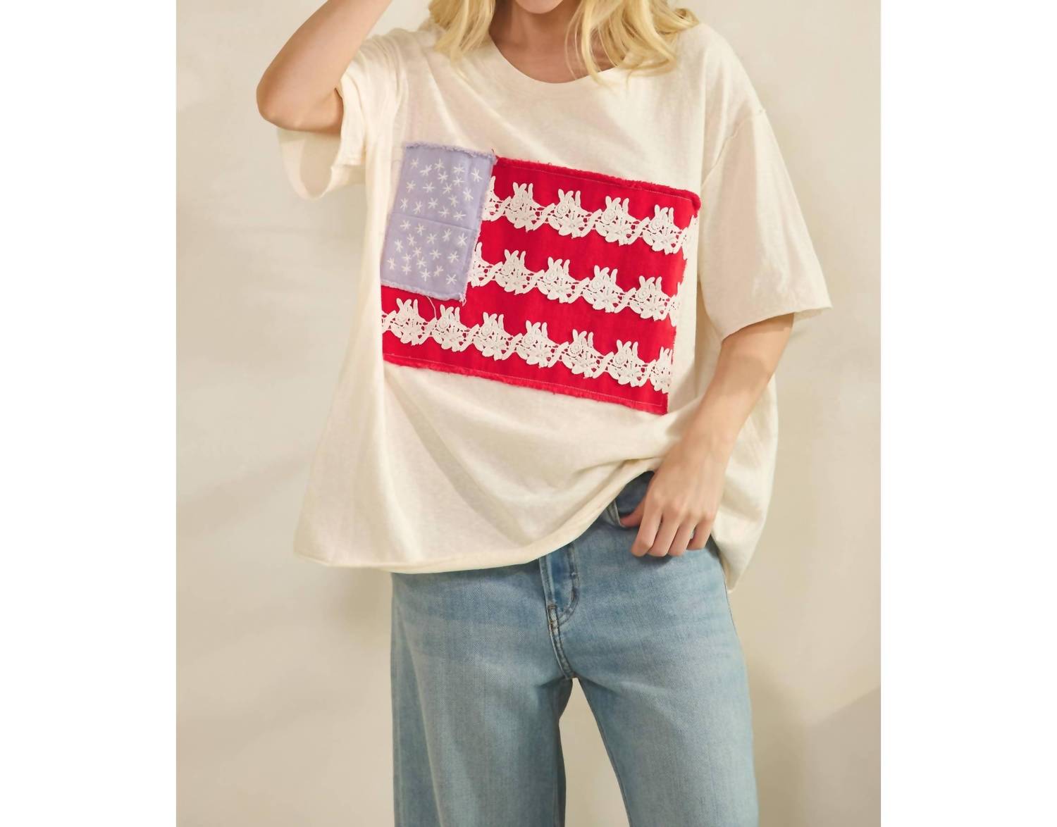 Sage+Fig - Lace-patched Americana Oversized Tee