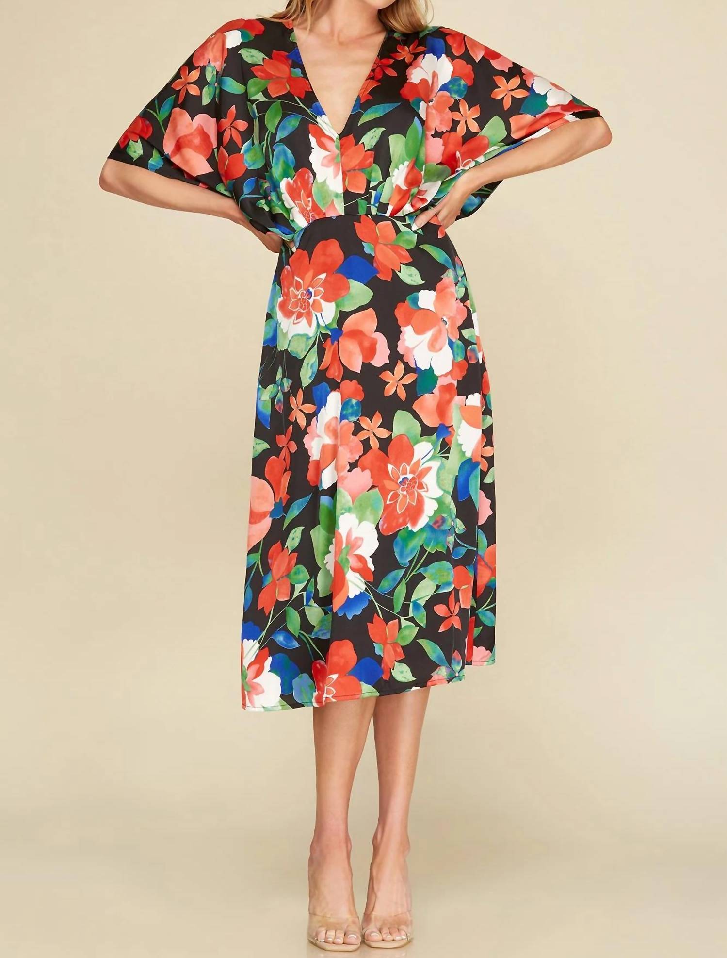 She + Sky - Floral Kimono Sleeve Midi Dress