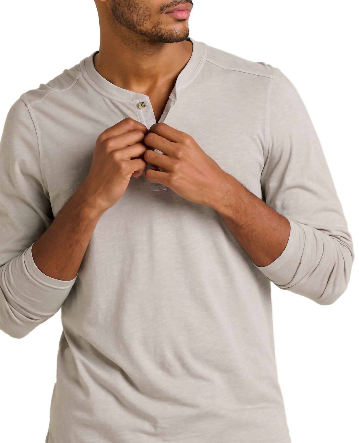 TOAD&CO Primo Long Sleeve Henley Top in basalt - men's long sleeve top - detail view