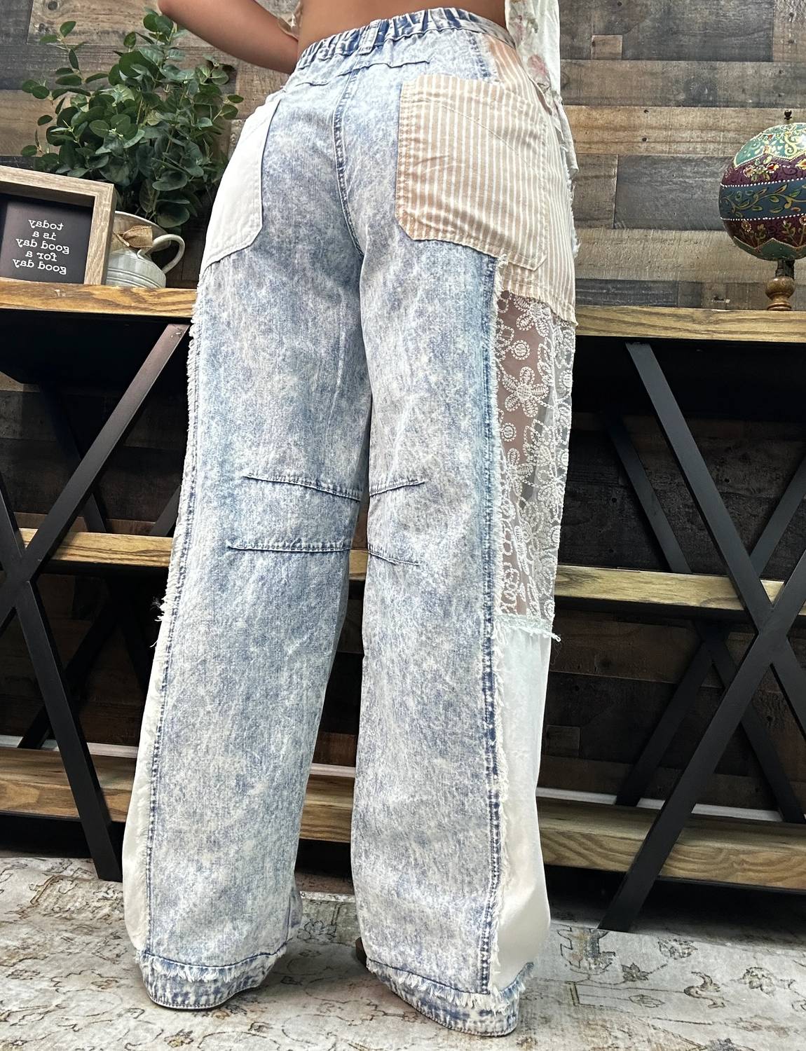 Pol - Lace & Stripe Barrel Leg Jean
