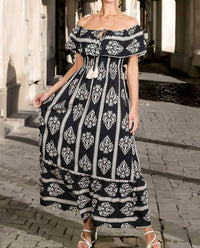 Vine & Love - Geo Printed Off The Shoulder Tassel Trim Dress