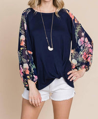Emerald Collection - Floral Chiffon Sleeves Contrast Top - Plus