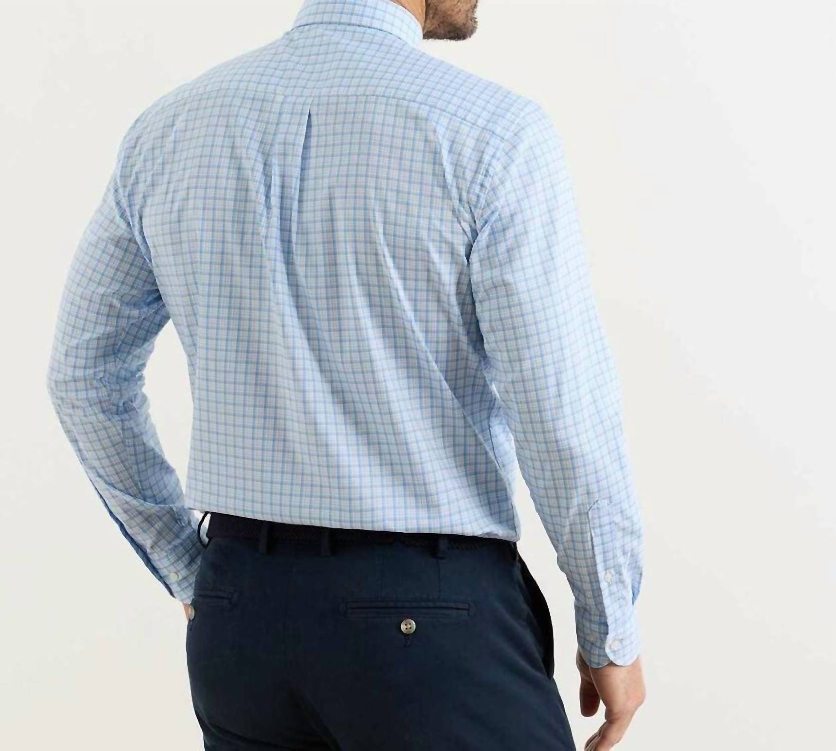 PETER MILLAR Calvin Crown Lite Cotton-stretch Sport Shirt in cottage blue - men's shirt - detail view