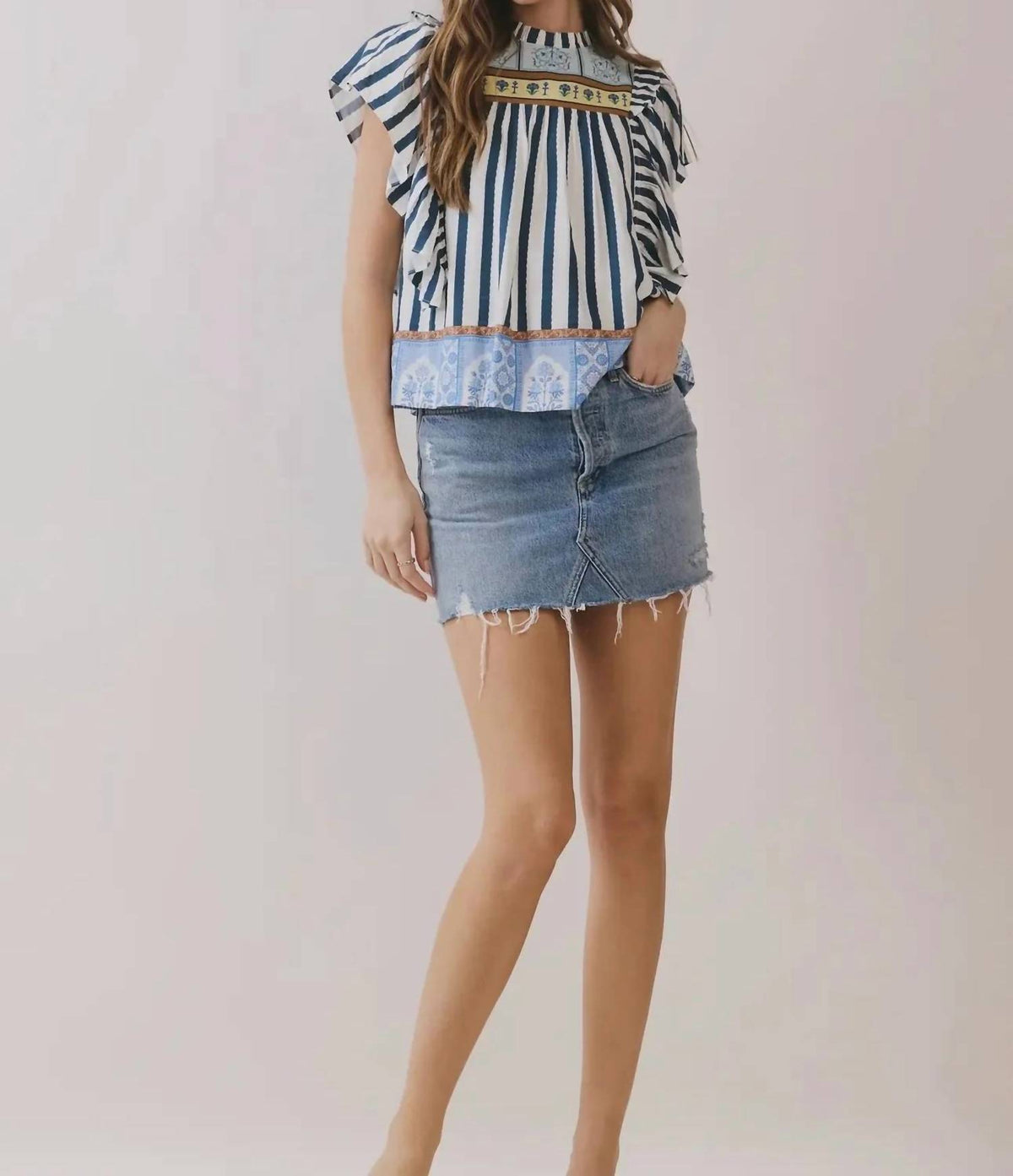 Tcec - Striped Border Print Ruffled Detail Top