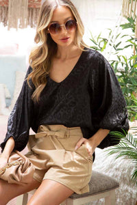 Vine & Love - V-neck Jacquard Satin Blouse Top