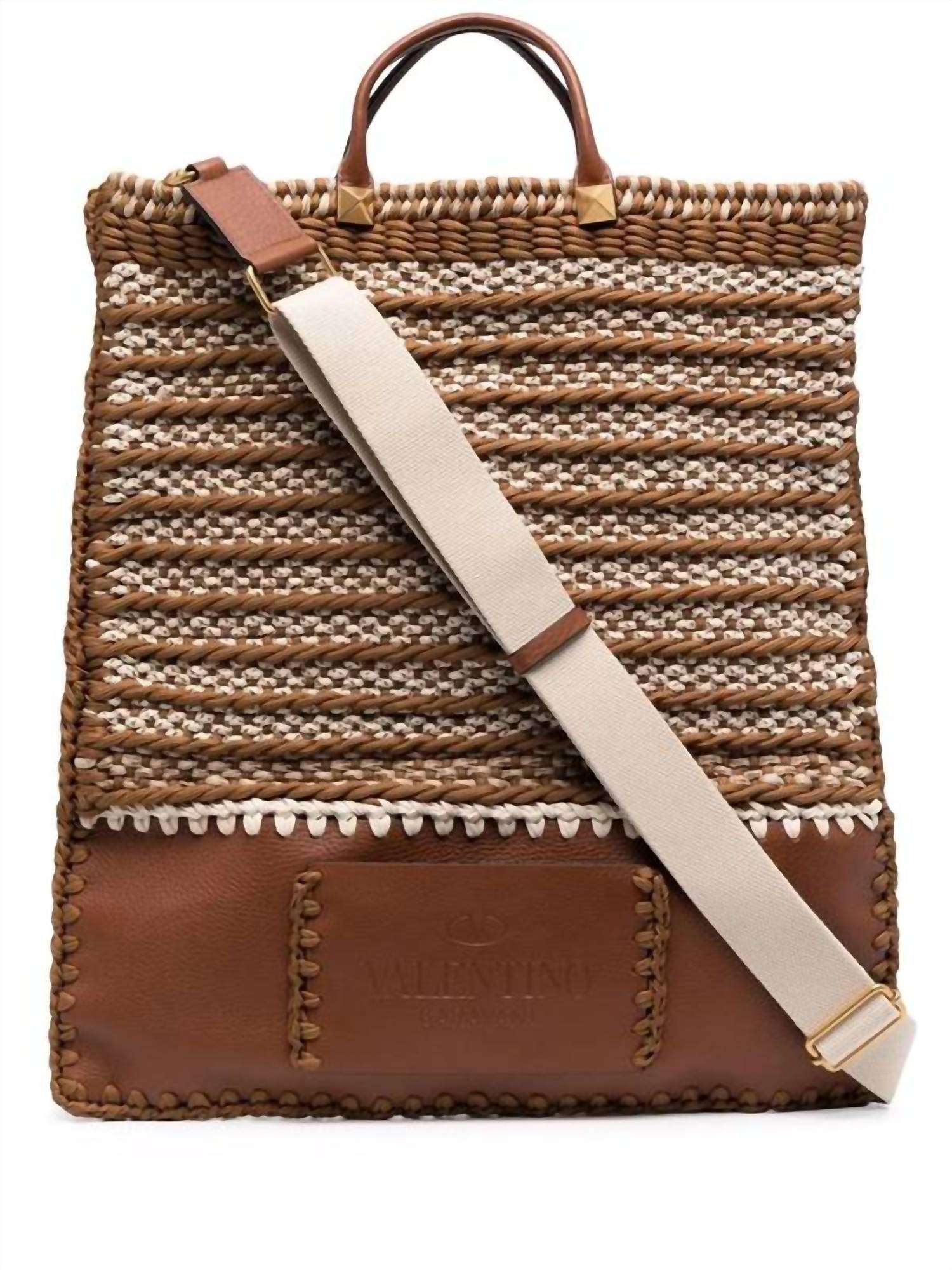 Valentino Garavani Men's Identity Fabric and Leather Tote Bag in brown - men's bag - detail view