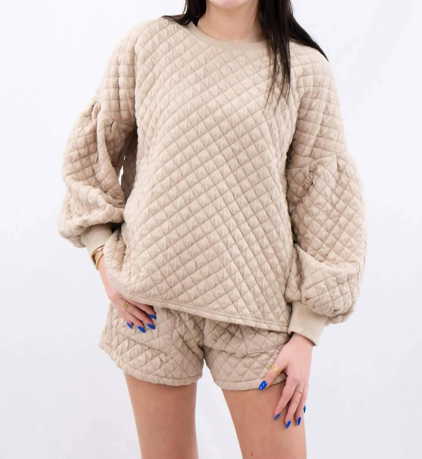 She + Sky - Puff Sleeve Quilted Pullover Top