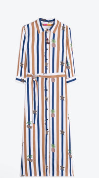 Vilagallo Pineapples Rayas Viscosa Print in camel navy and white striped - women's dress