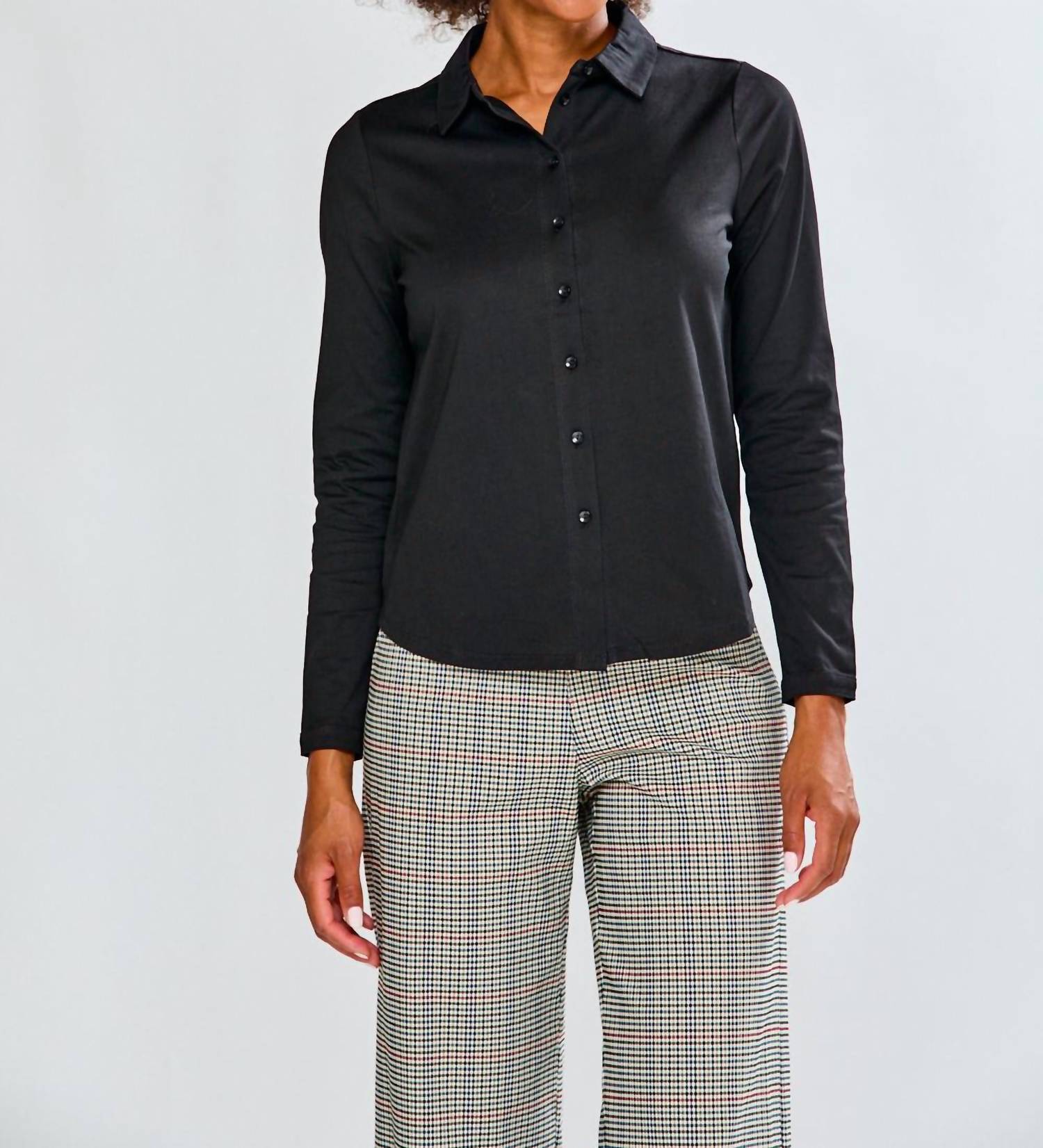 InCashmere Long Sleeve Cotton Knit Shirt in black - women's shirt