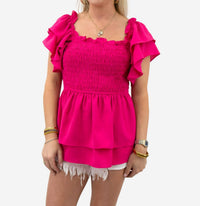 BiBi Layered Ruffle Sleeve Smocked Top in fuchsia - women's blouse