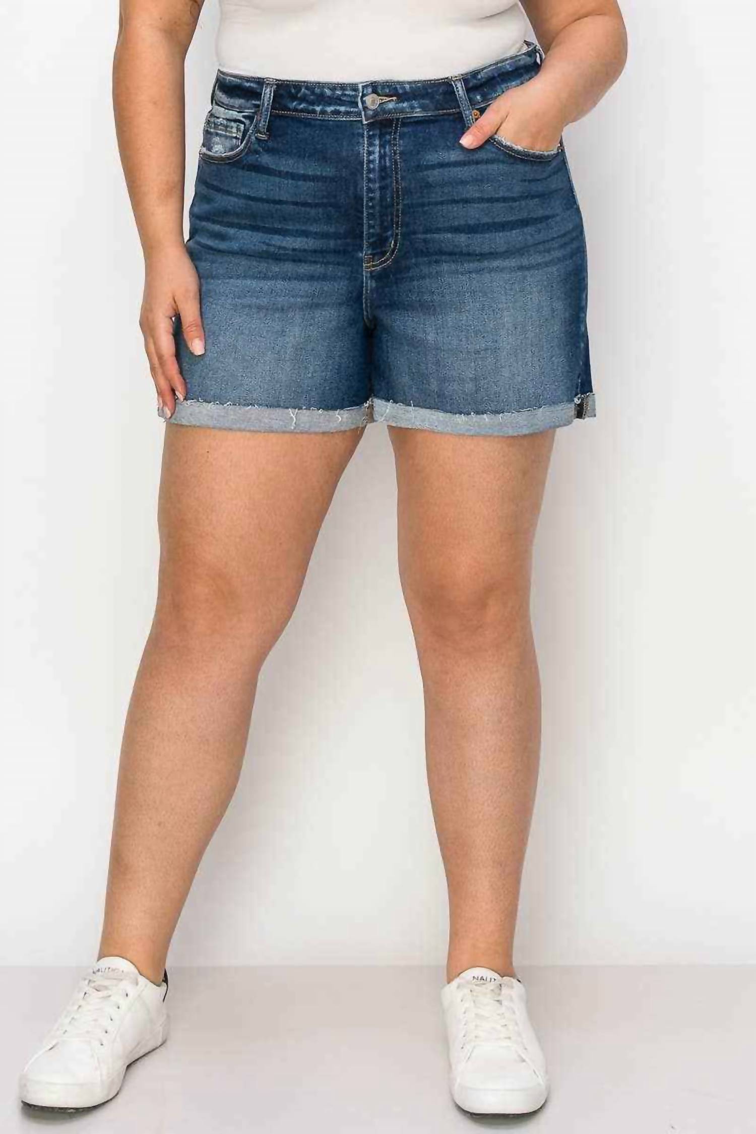 Artemis Vintage High Rise Stretch Midi Cuff Short - Plus in dark blue - women's shorts