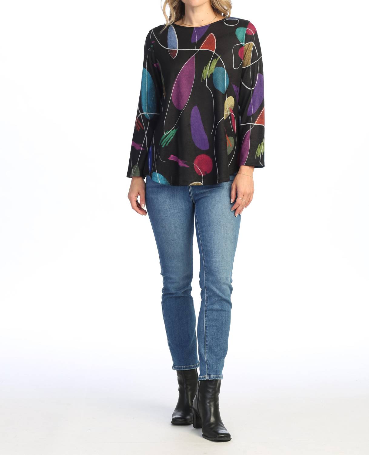 Jess & Jane Frolic French Brushed Round Hem Top in black - women's blouse - detail view