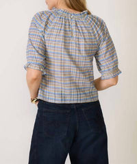 Nation LTD Whitney Ruffle Top in coastal plaid - women's blouse - detail view