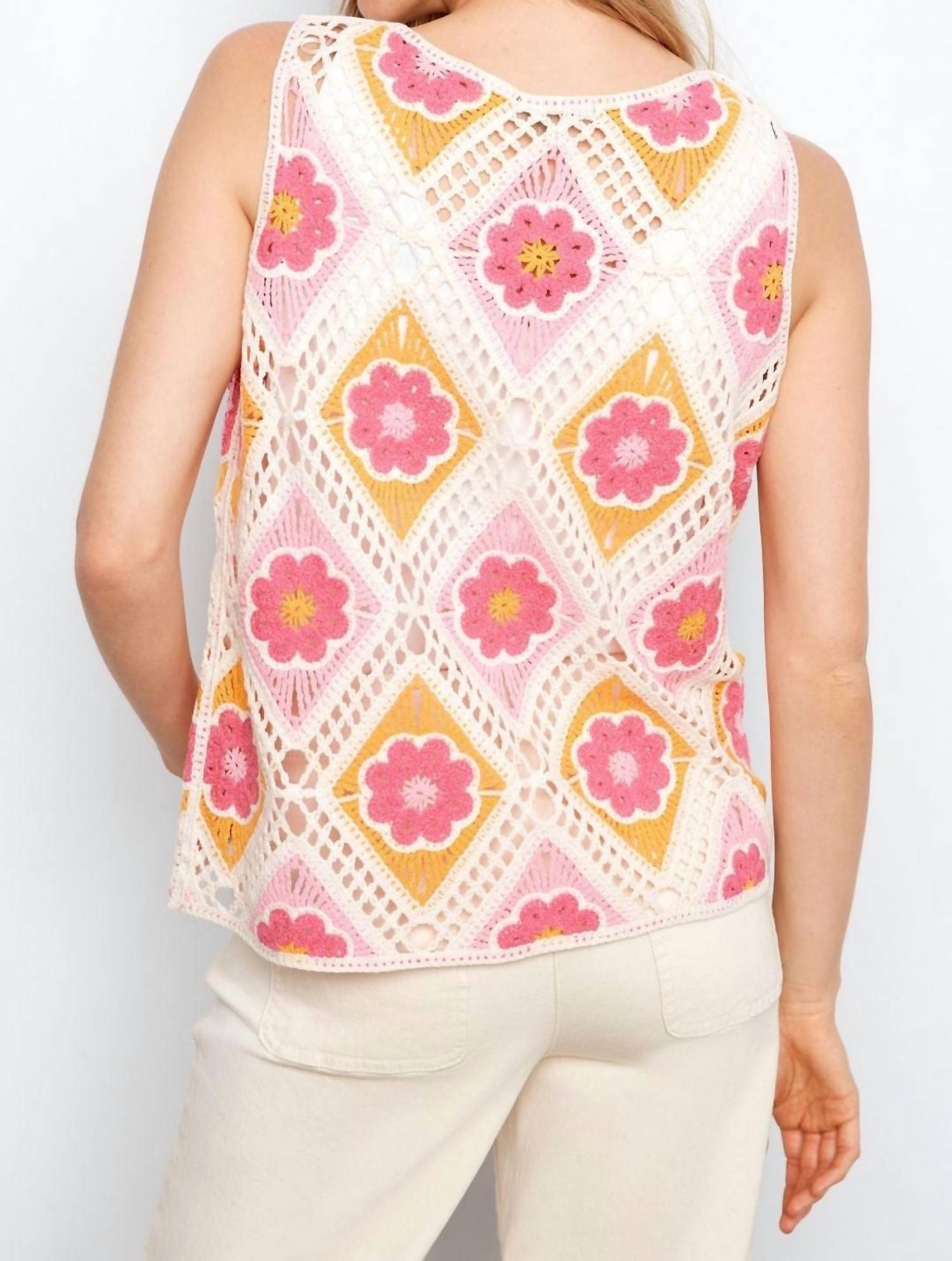 CHARLIE B Floral Sleeveless Crochet Cotton Blend Top in apricot - women's tank top - view 4