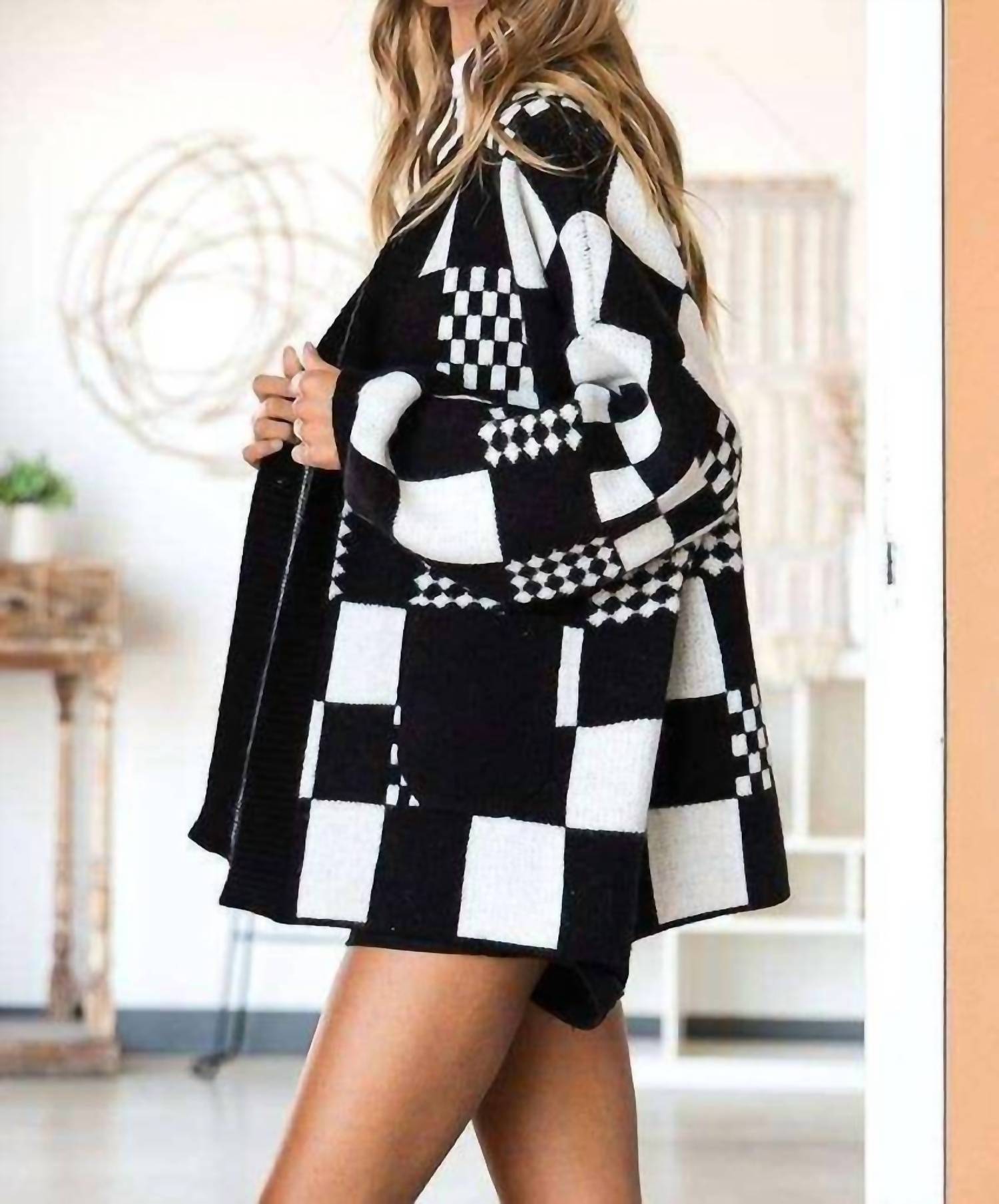 Jade By Jane - Block Check Open Knit Cardigan With Pocket