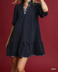 Umgee - French Terry Ruffle Hem Dress With Plaid Trim V-neck