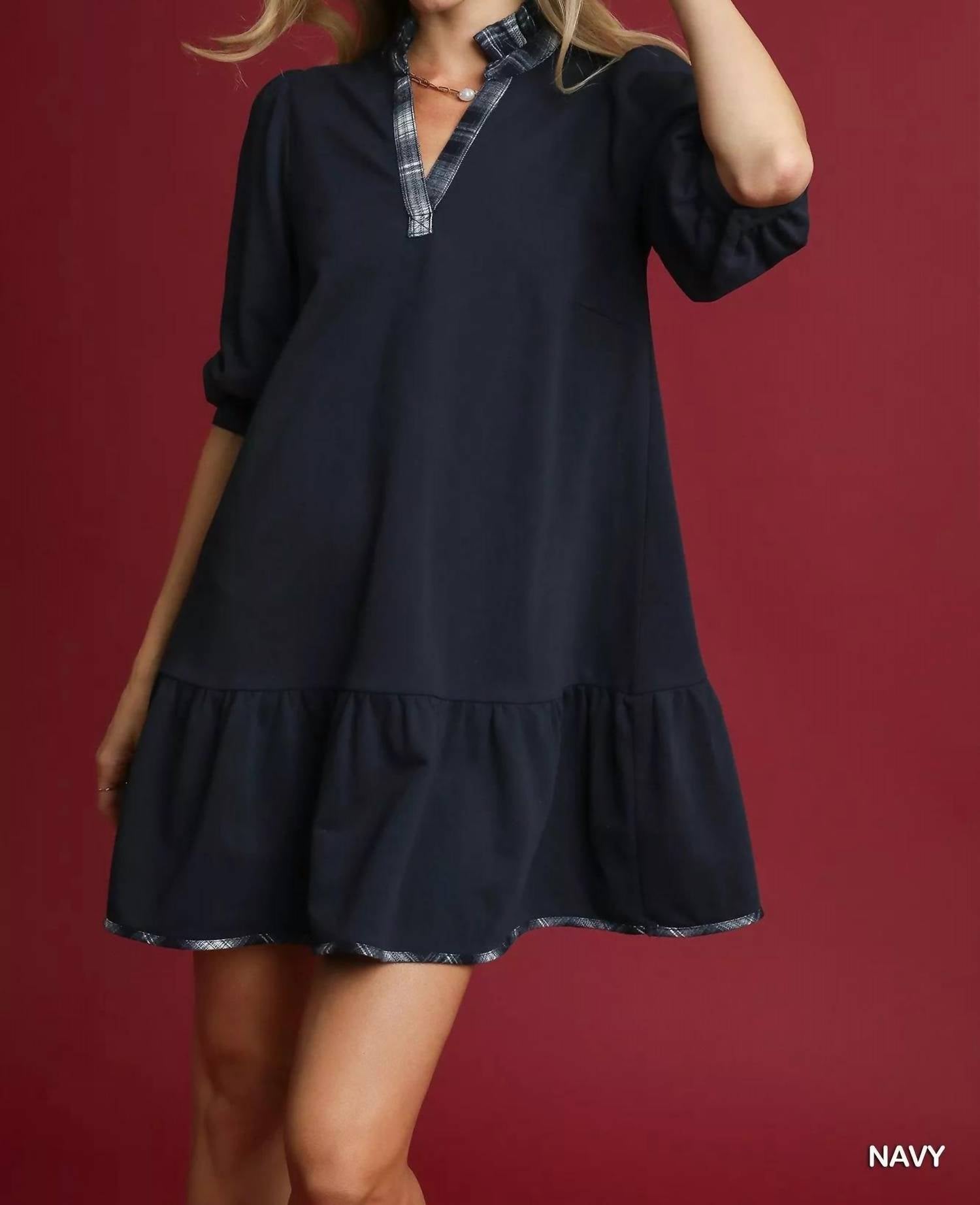 Umgee - French Terry Ruffle Hem Dress With Plaid Trim V-neck