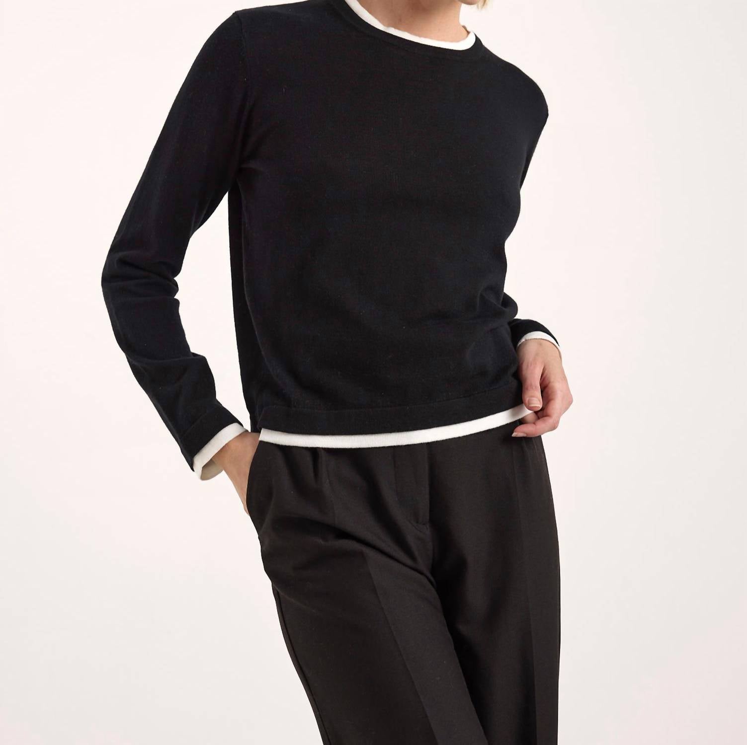 Wispr Double Contrast Trim Crewneck Jumper in black - women's sweater - view 4