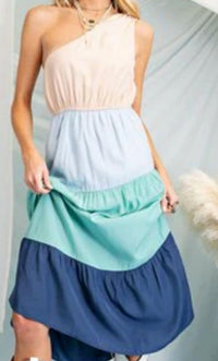 143 Story - Solid Color Block Asymmetrical One Side Open Shoulder Dress