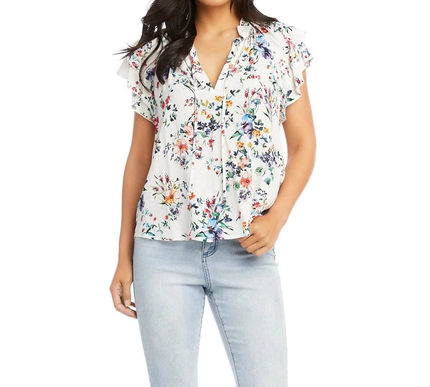 Karen Kane Sasha Short Sleeve Ruffle Tie-neck Top in multi color - women's blouse