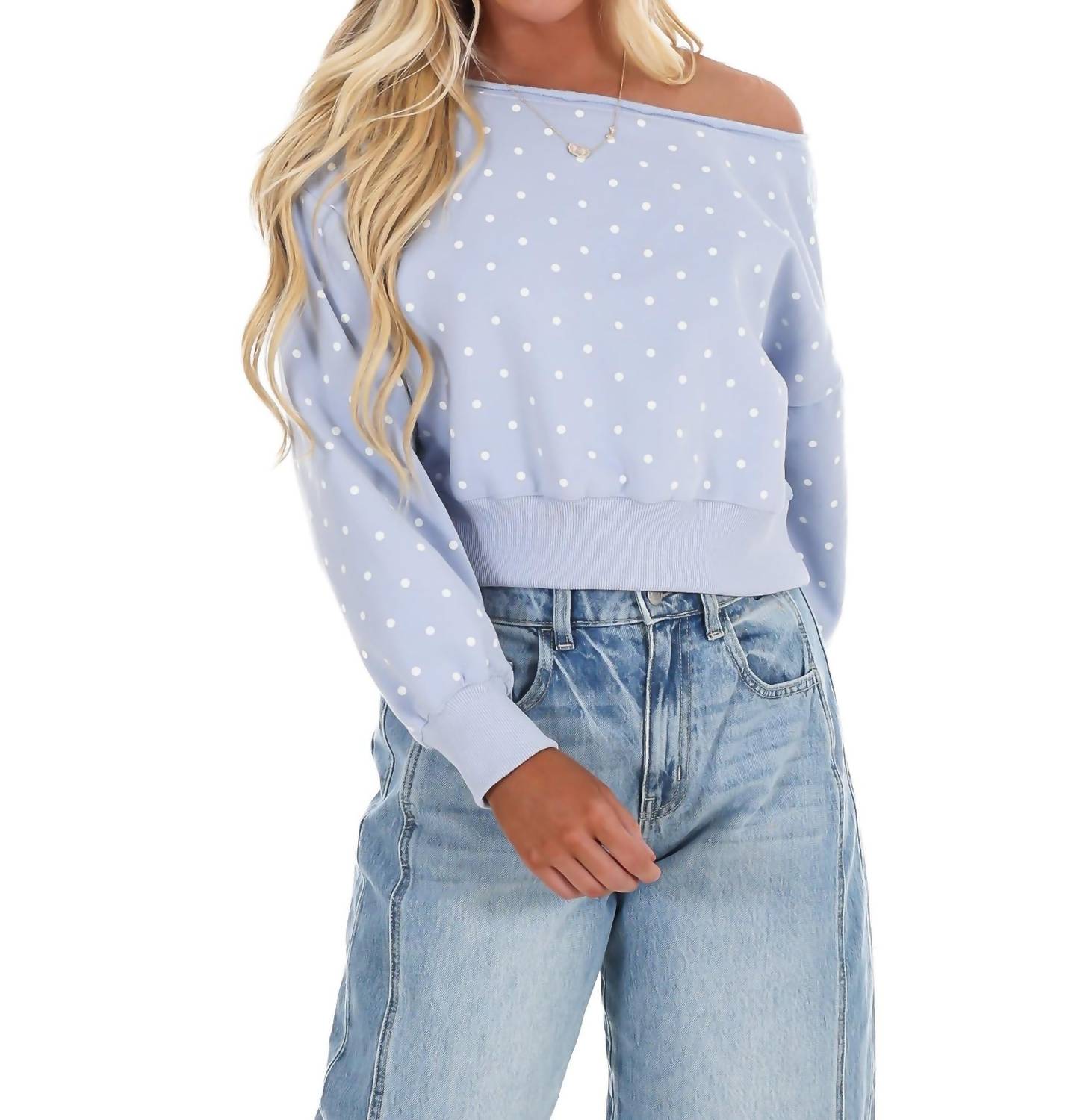 PAPERMOON Comfy Spot Polka Dot Off Shoulder Sweatshirt in light blue - women's sweater - view 6