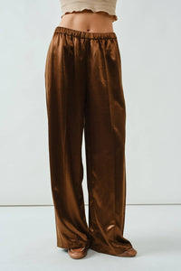 Aaron & Amber Milo Satin Comfy Straight Pants in brown - women's pants