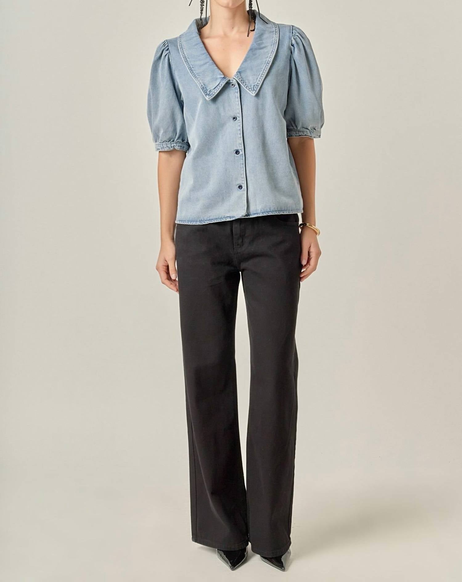 English Factory - Deep V-neck Button Up Denim Shirt