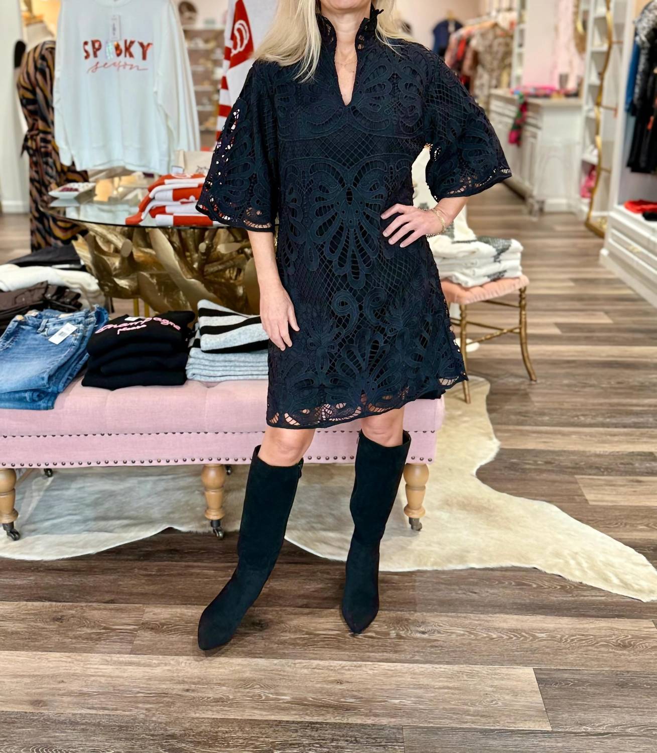 Jade - Lace High Neck Tunic Mini Dress
