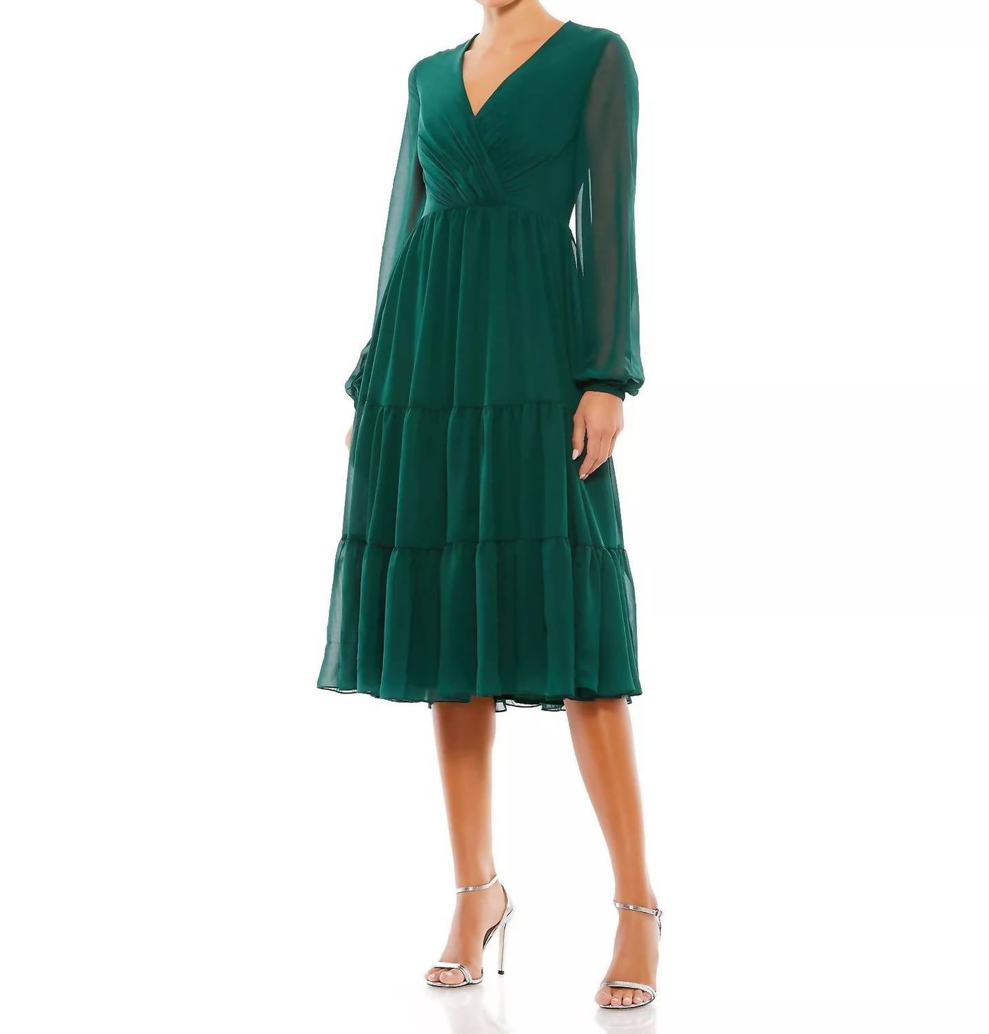 Mac Duggal - Illusion Sleeve Ruched V Neck Dress