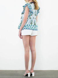 Thml - Got The Blues Flutter Sleeve Floral Tassel Tie Top