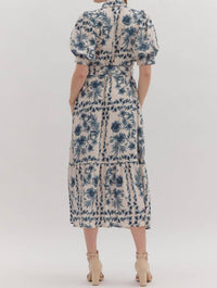 Entro - Puff Sleeves & Tie Waist Floral Midi Dress