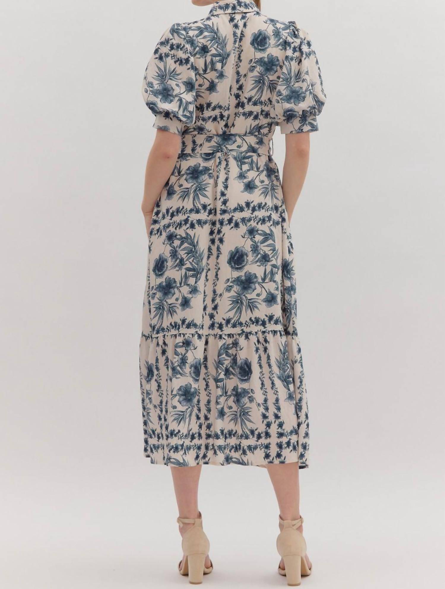 Entro - Puff Sleeves & Tie Waist Floral Midi Dress