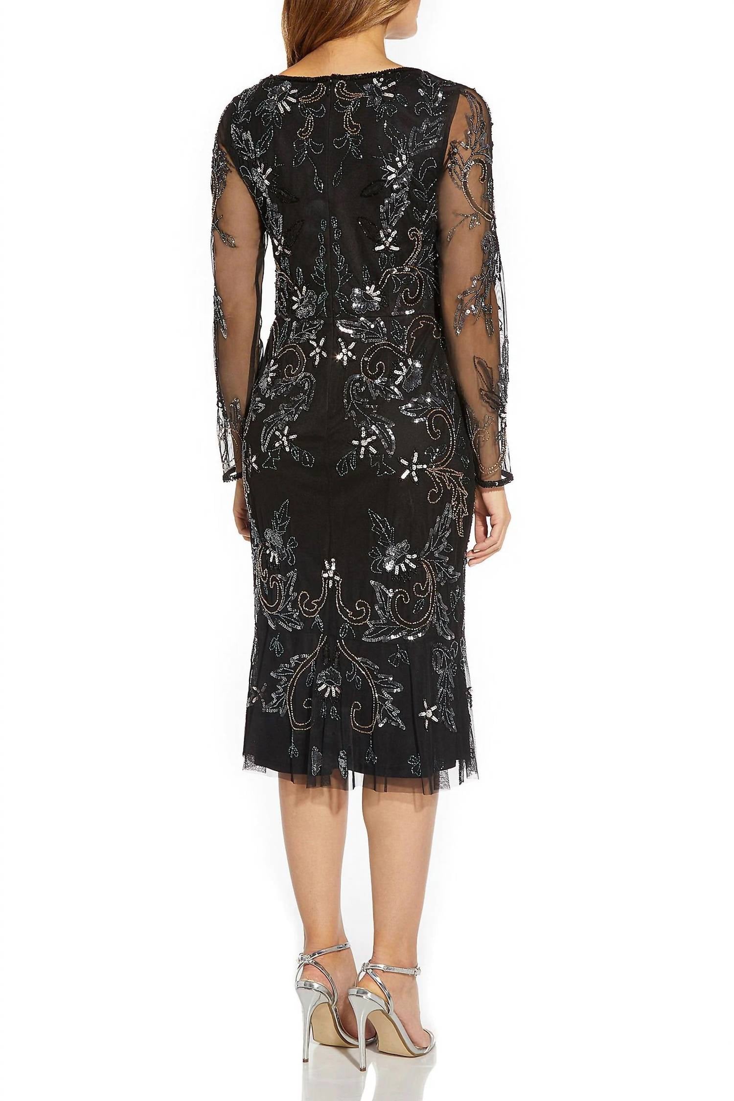 Adrianna Papell - Sweetheart Neck Long Sleeves Beaded Midi Dress